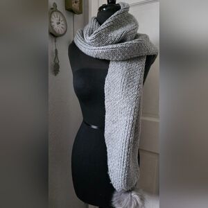 Gray Knit Pom Pom Scarf